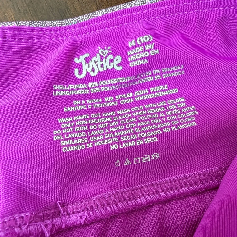 JUSTICE ALL OVER FOIL DANCE & GYMNASTICS SHORTS Girls Size 10 Purple New